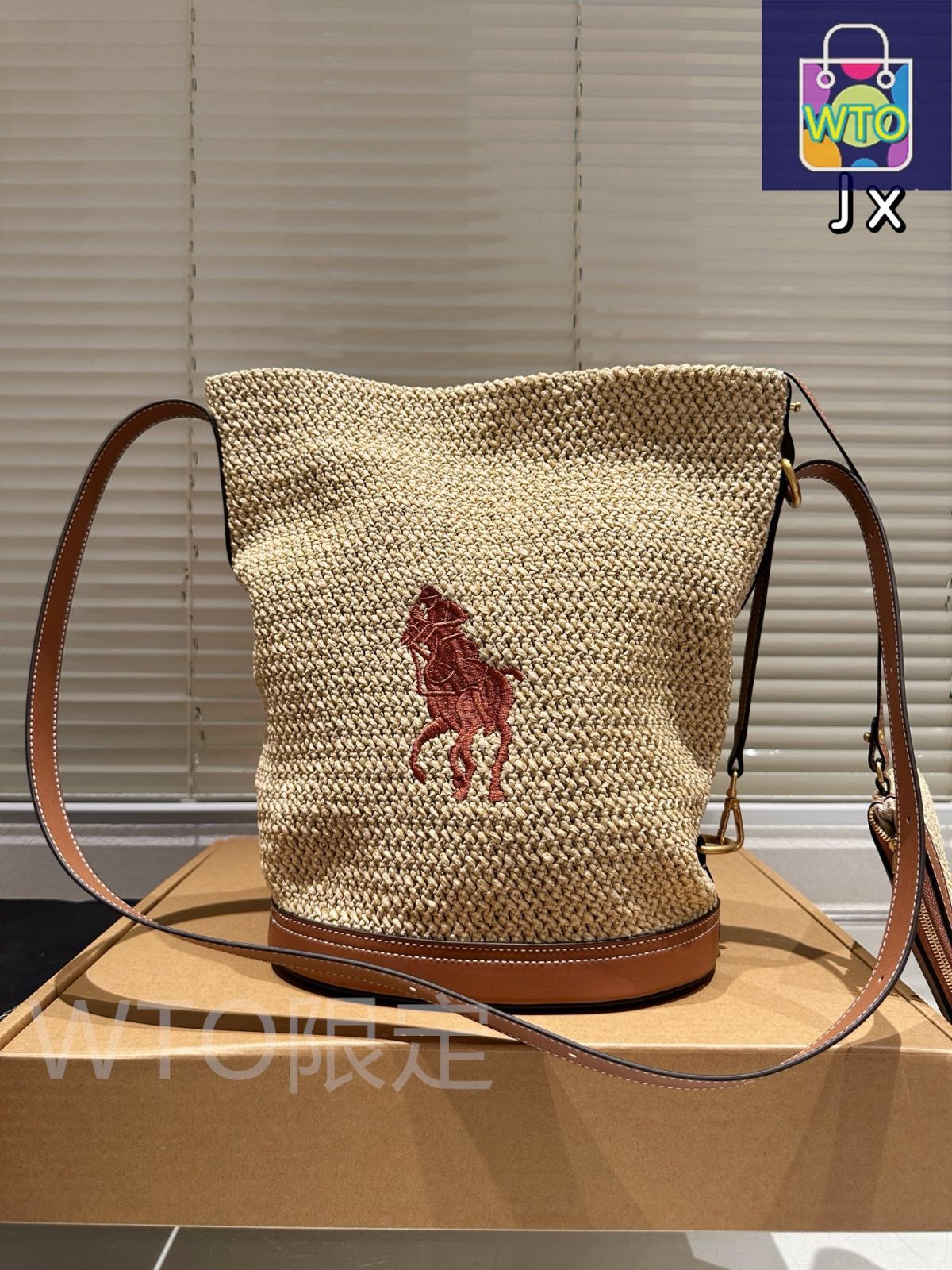 【新品未使用】Ralph Lauren ラフィア　バッグ　レザー　ラルフ ポニー ラフィア Bellport スリング バケット バッグ