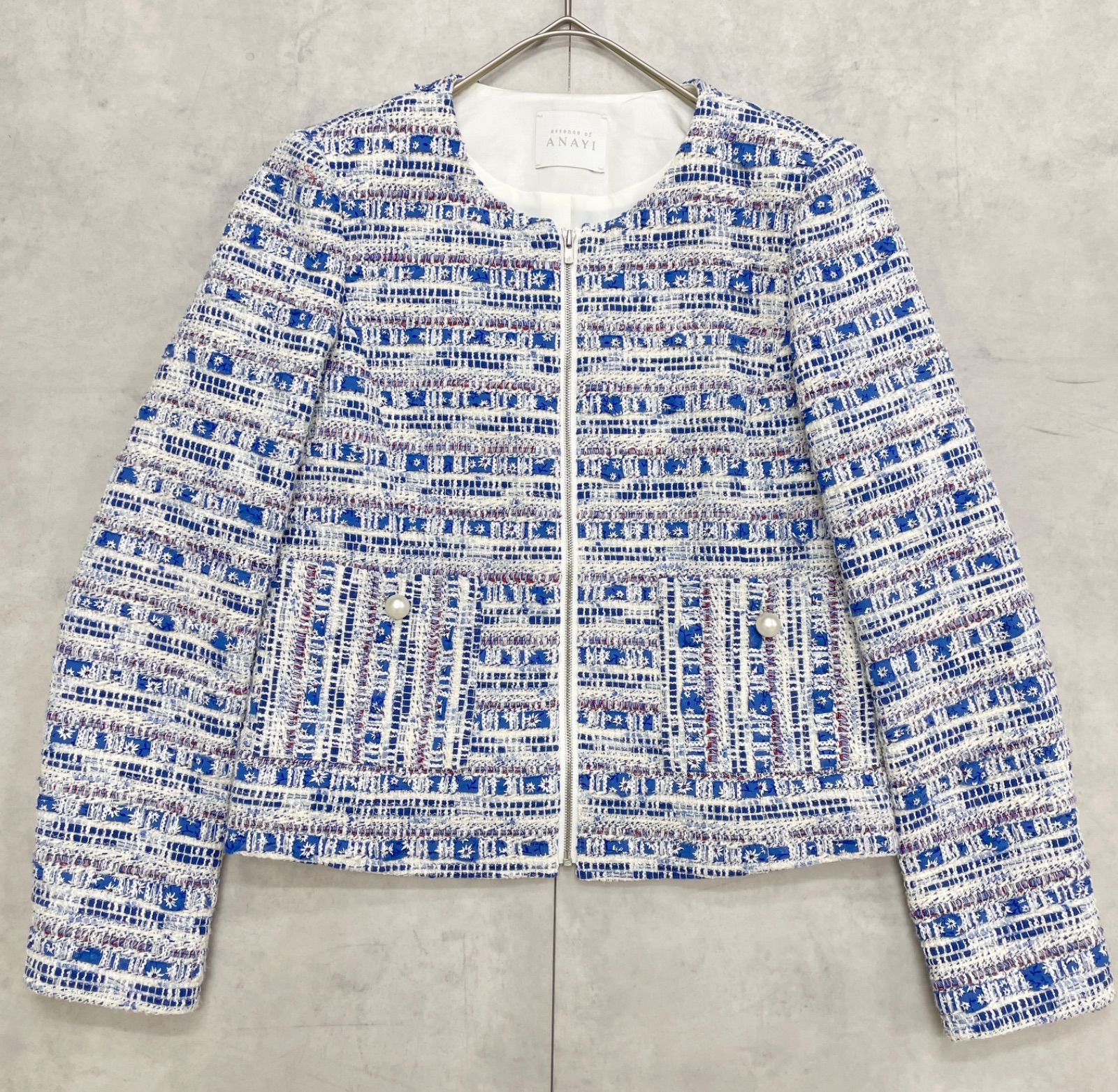 ANAYI アナイ ノーカラージャケット ミックスツイード パール コットン ブルー 日本製 レディース 38