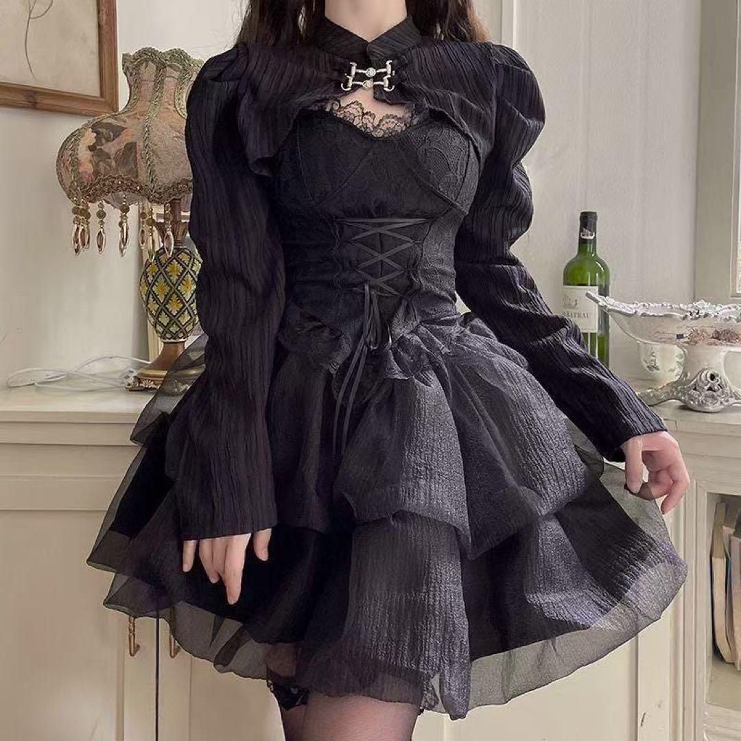 ゴスロリ服 黒ロリコスプレ 地雷系 ミニドレス ビスチェ ボレロ 3点セット ゴスロリ服 黒ロリコスプレ 地雷系 ミニドレス ビスチェ ボレロ