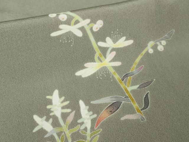 平和屋本店□極上 京加賀友禅 百貫石峰 訪問着 草花文 素鼠色地 逸品