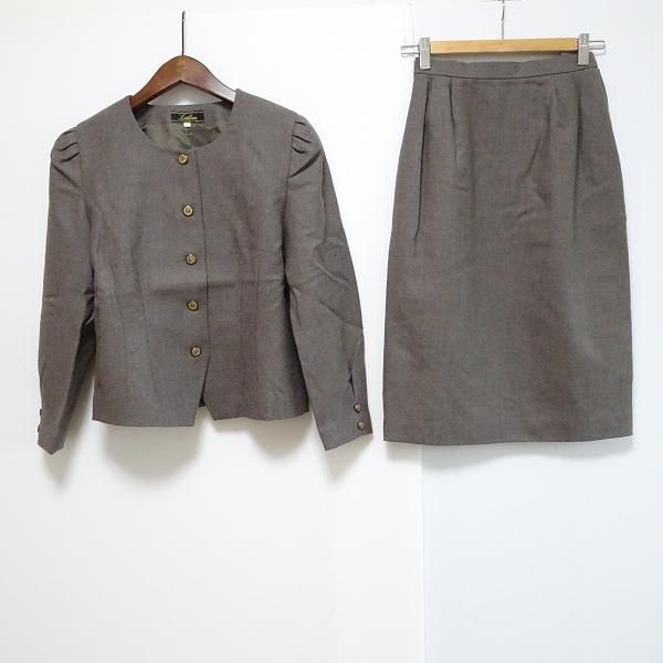 wnc レリアン Leilian スカートスーツ 7 茶系 セットアップ ノーカラー