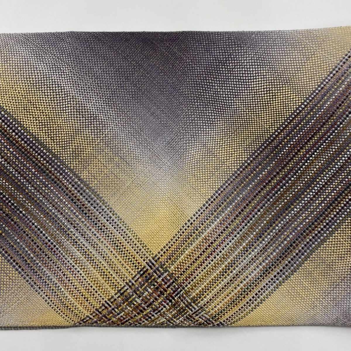 袋帯 美品 逸品 縞 幾何学 墨色 六通 正絹 中古 袋帯 美品 秀品 よろけ縞 幾何学模様 金銀糸 箔 墨色 六通