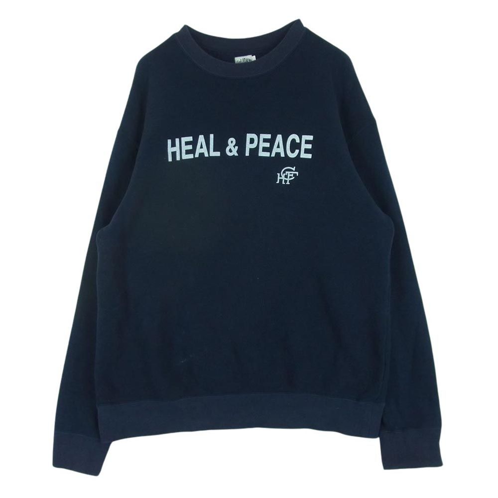 ホリデーズコンフォート HOLIDAYS COMFORT HEAL＆PEACE プリント クルーネックリブ スウェット トレーナー ネイビー系 XL【中古】