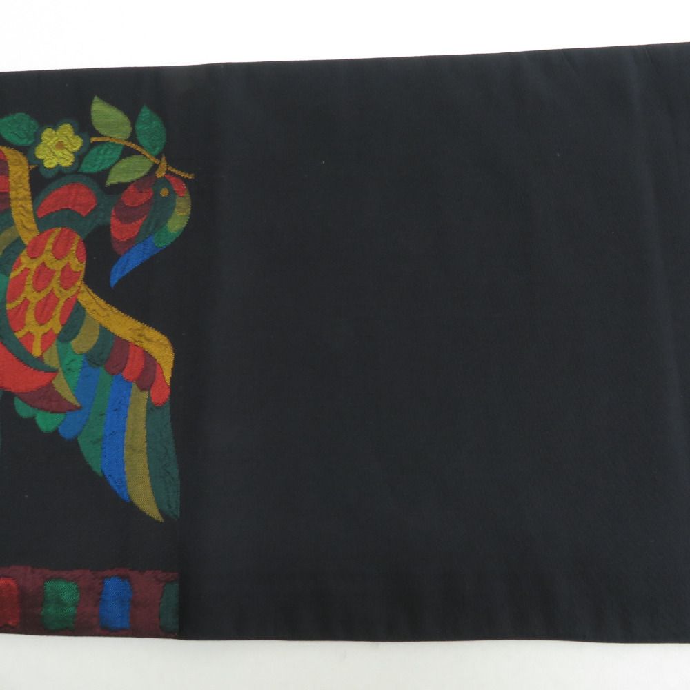袋帯 洒落袋帯 正絹 黒色x多色 エスニック調 鳥紋様 六通柄 長さ432cm