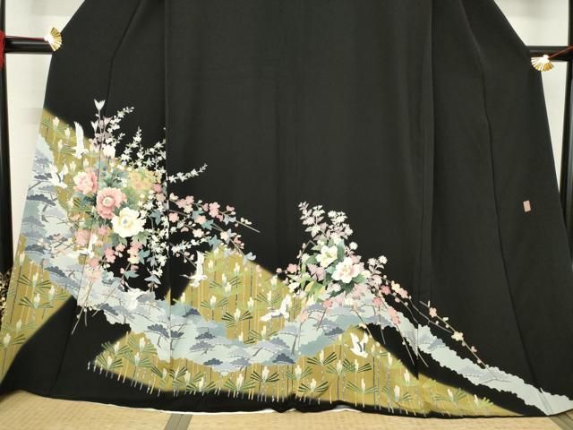 平和屋着物○十日町友禅作家 岡村蒼風 黒留袖 草花文 ロング丈 正絹