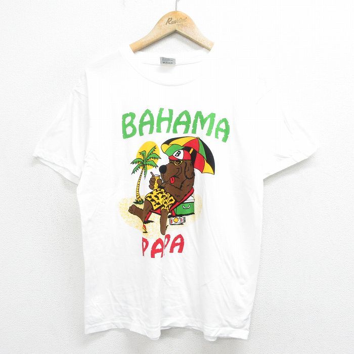 L/古着 半袖 ビンテージ Tシャツ メンズ 00s 犬 バハマ 染込プリント コットン クルーネック 白 ホワイト 24jul18 中古