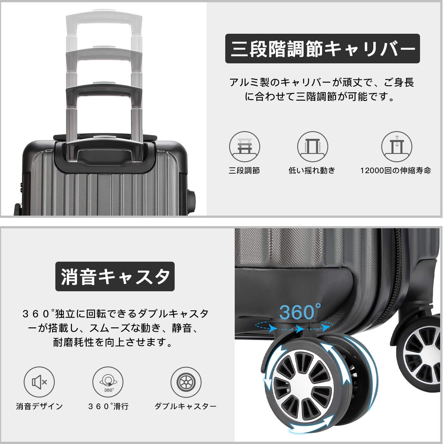 M サイズ 65 L 出張 ビジネス 旅行 ファスナー式 TSAローク搭載 360度回転 耐衝撃 ダブルキャスター 灰 静音 大型 超軽量 機内持込 キャリーケース キャリーバッグ スーツケース VARNIC