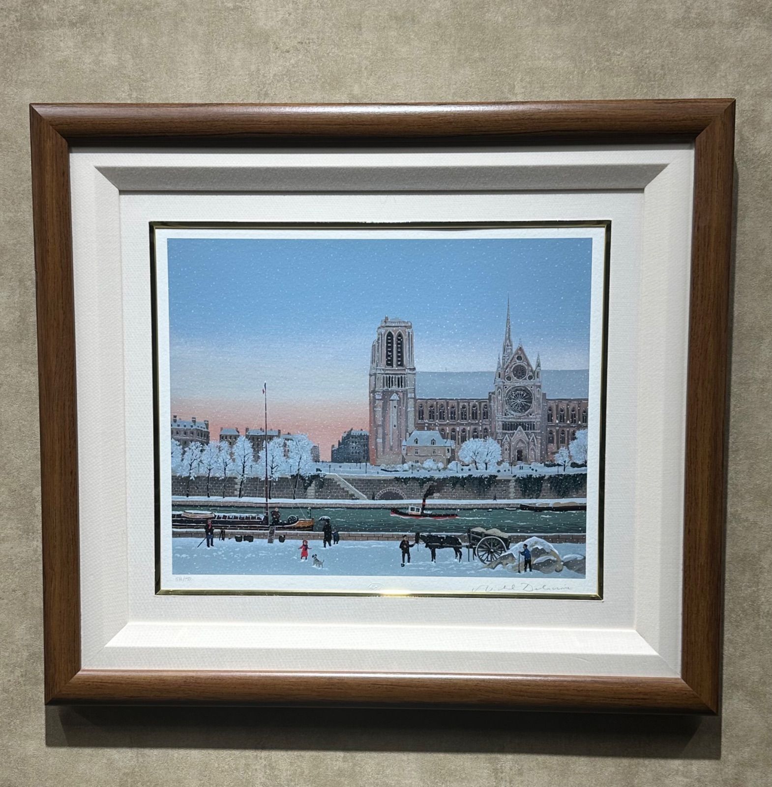 真作】【額付】ミッシェル・ドラクロワ「雪に覆われたノートルダム寺院