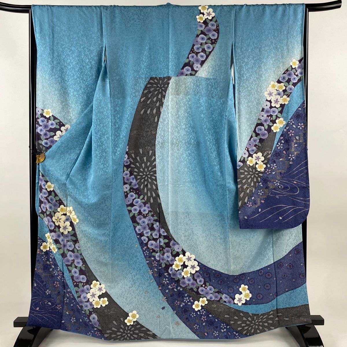 振袖 身丈165.5cm 裄丈65cm M 袷 梅 波 金通し 金彩 水色 正絹