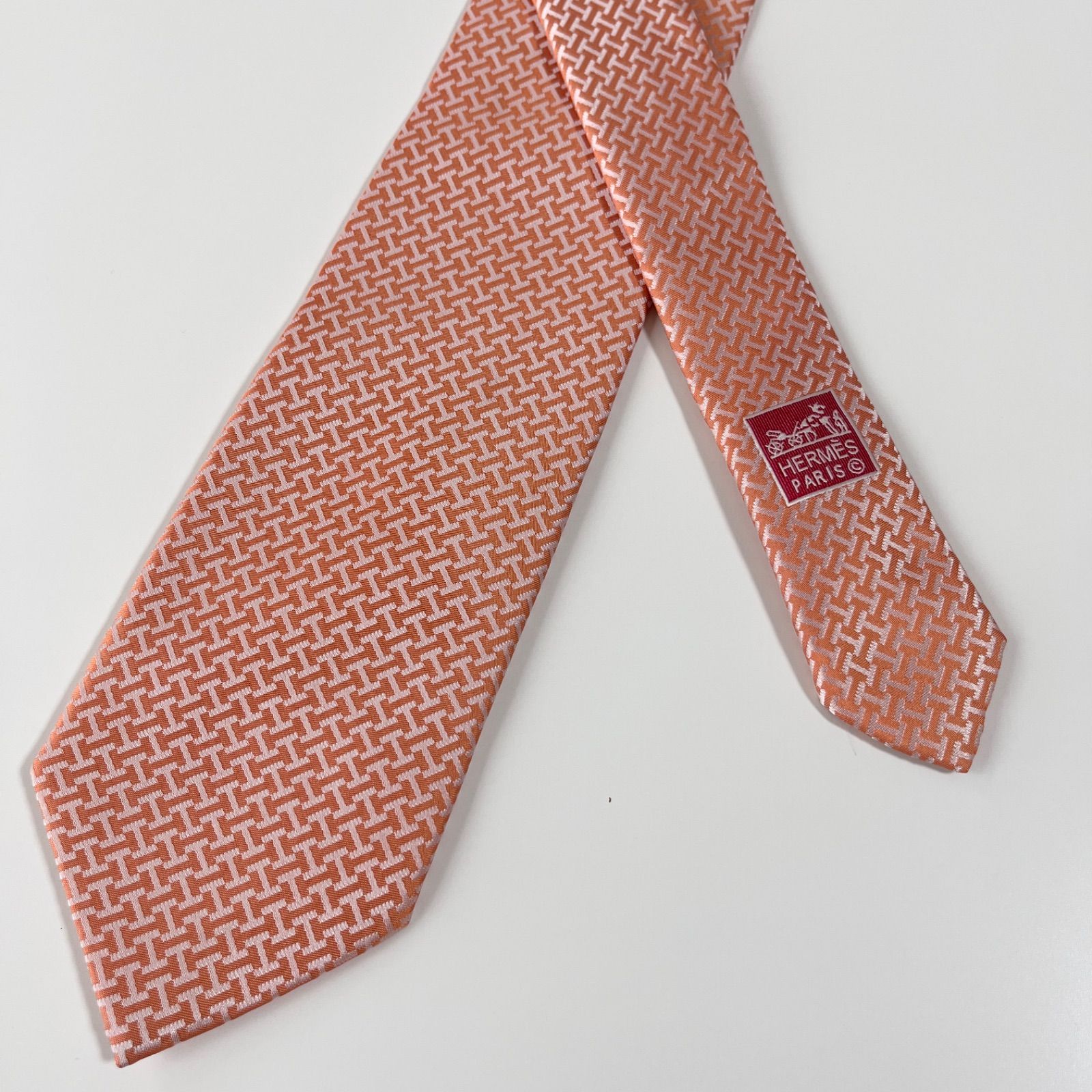 美品 HERMES エルメス ネクタイ シルク100% ライトオレンジ H柄 254