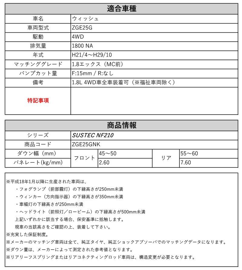 tanabe×NF210]ZGE25G ウィッシュ(4WD_1800 NA_H21/4～H29/10)用車検