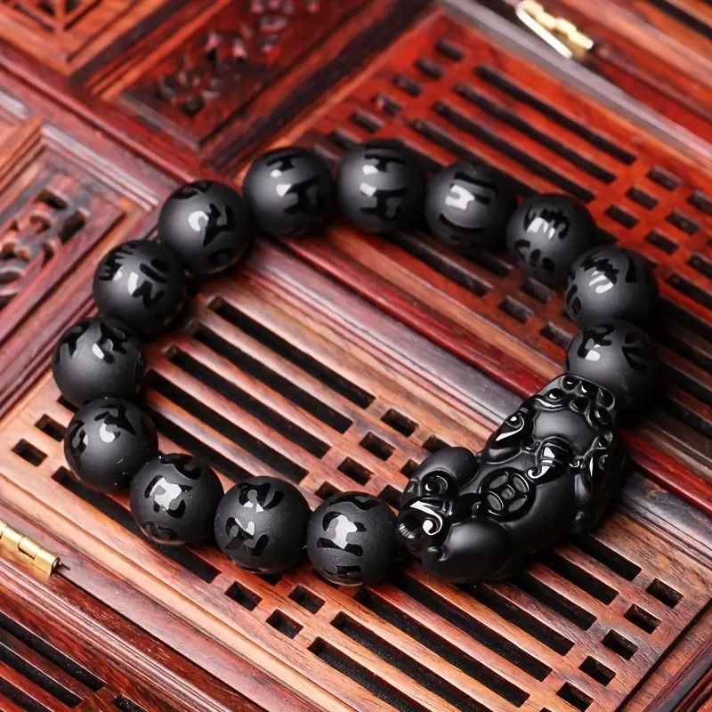 【高級感あふれるメンズ黒曜石貔貅ブレスレット】 - マットブラックビーズと精緻な彫刻、ファッション天然石仏ビーズブレスレット