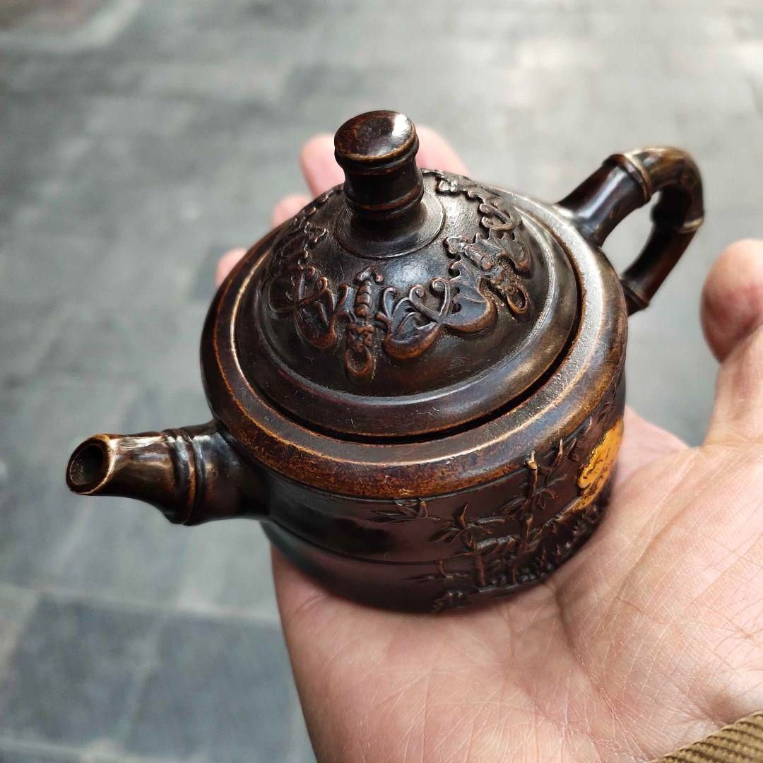 銅 細工 茶道具  浮彫り  福禄茶壺  提梁銅壺 水徳利 工芸品 美術品 置物 銅器 茶壺 パンダ竹 子徳利 茶道具 工芸品 美術品 置物 - メルカリ