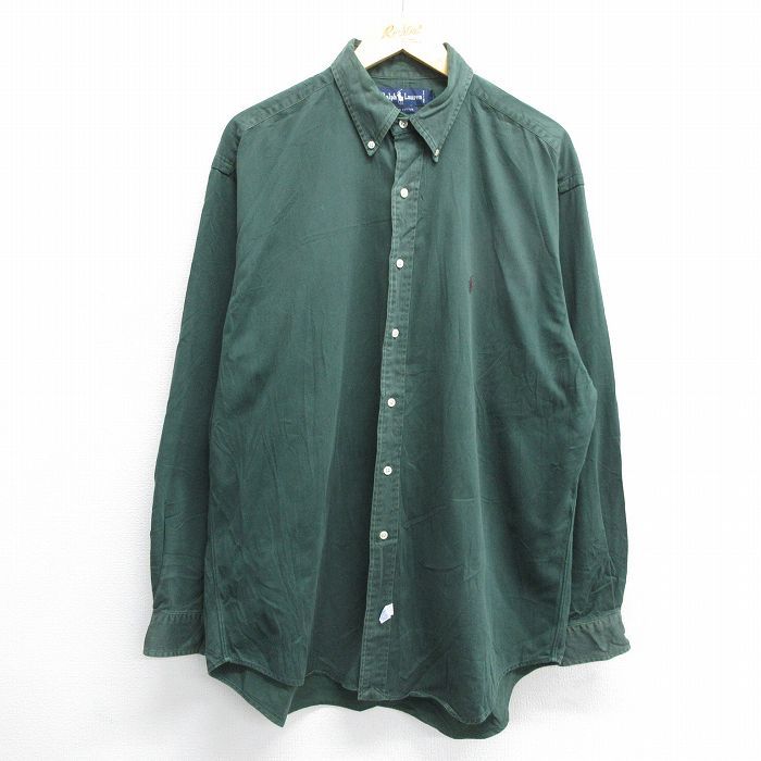 XL/古着 ラルフローレン 長袖 ブランド シャツ メンズ 90s ワンポイントロゴ ロング丈 大きいサイズ コットン ボタンダウン 緑 グリーン 24