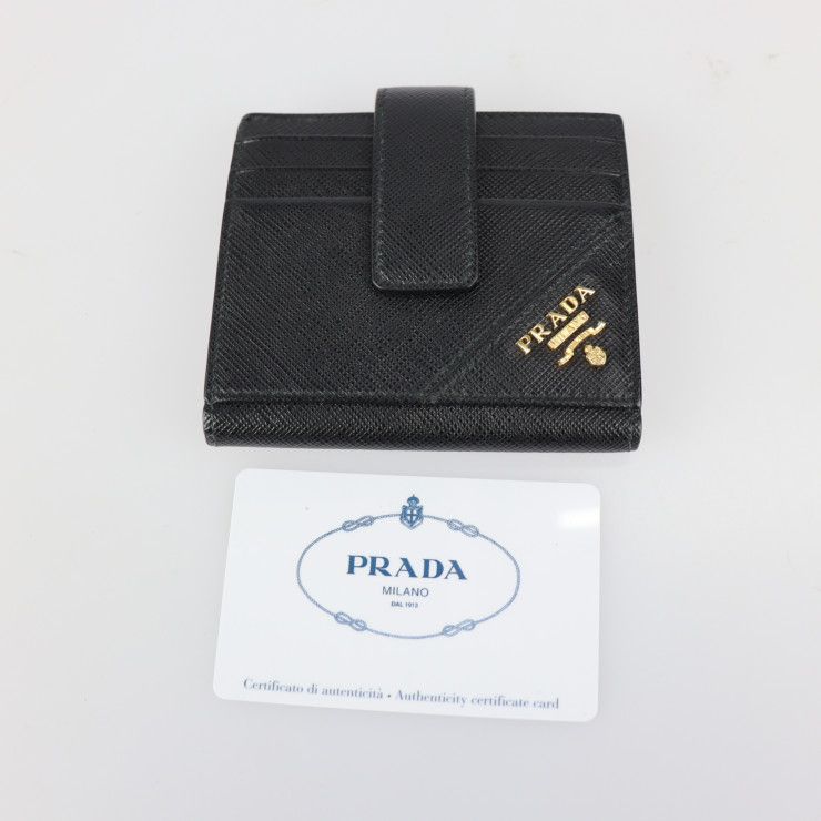 PRADA プラダ 二つ折り財布 2MC063 レザー NERO ブラック ゴールド金具 札入れ カードケース メタルロゴ 【本物保証】