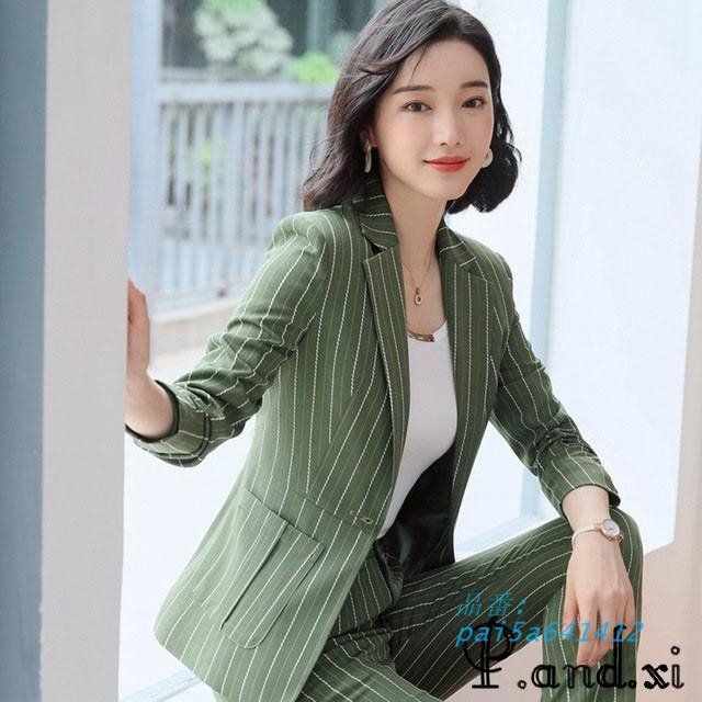 レディースファッション 大きいサイズ パンツスーツ レディース ピンク ストライプ 30代 2点セット 通勤 OL スーツ 40代 春秋 フォーマル オフィススーツ pai5a641412 MAAHADDERANG_COM