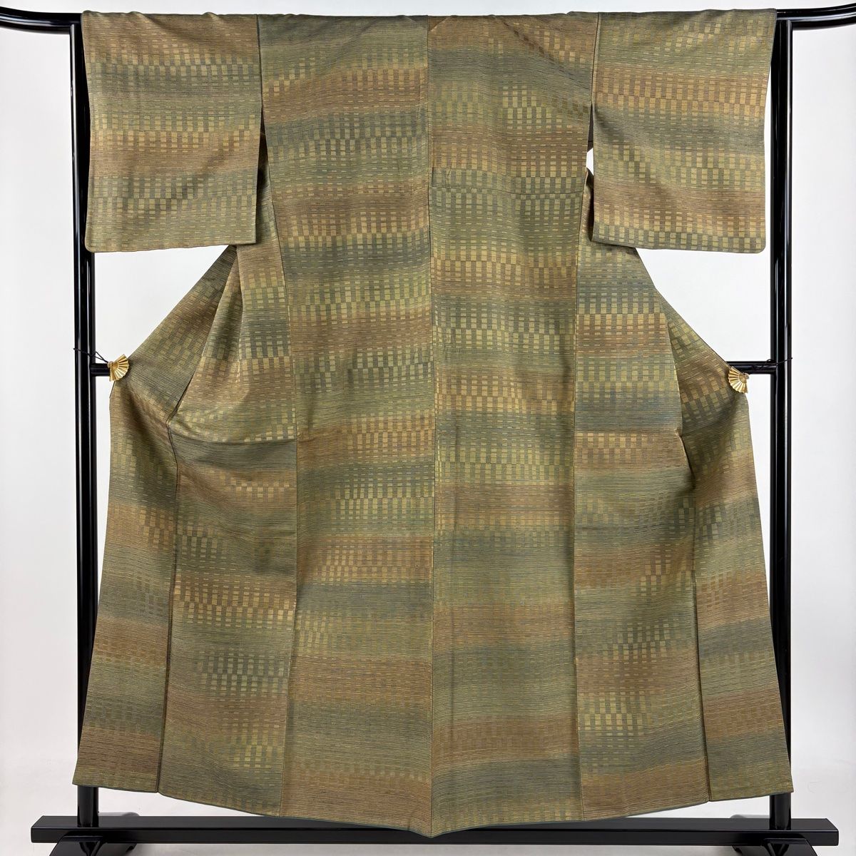 小紋 身丈154.5cm 裄丈64.5cm M 袷 縞 幾何学模様 茶緑色 正絹 名品