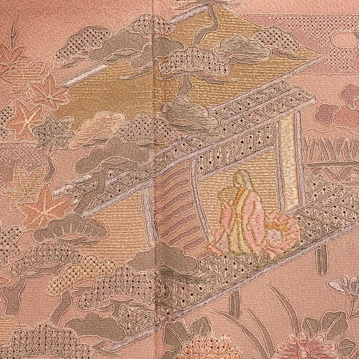 付下げ 身丈160.5cm 裄丈64cm M 袷 人物 松竹梅 刺繍 金糸 ピンク 正絹 