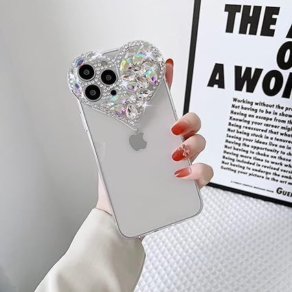 CrazyLemon 適用 iPhone 15 Pro Max ケース クリア かわいい おしゃれ ハート型 キラキラ グリッター ラインストーン デザイン カメラ レンズ 保護 カバー アイフォン15プロマックス ケース シリコー