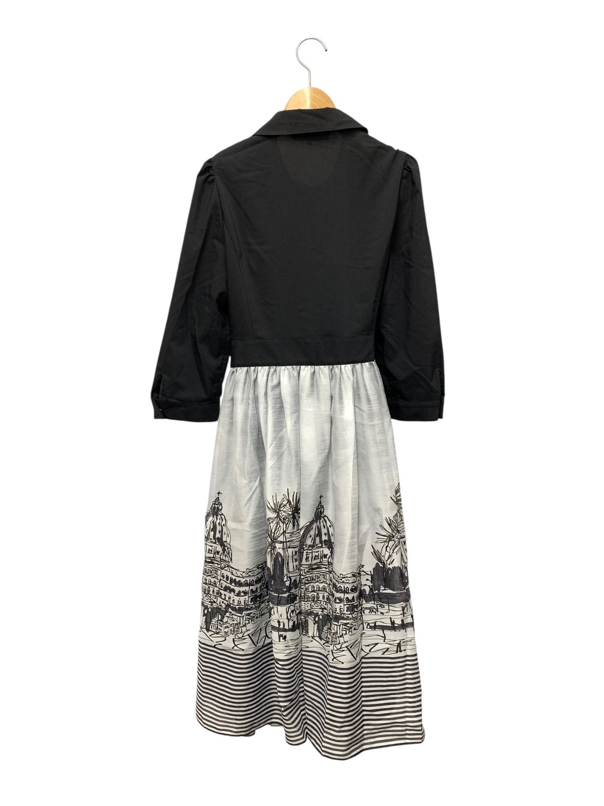 エムズグレイシー 511107 ワンピース 40 ブラック 異素材ミックス 風景柄 ボーダー IT8PLEZDS6VU