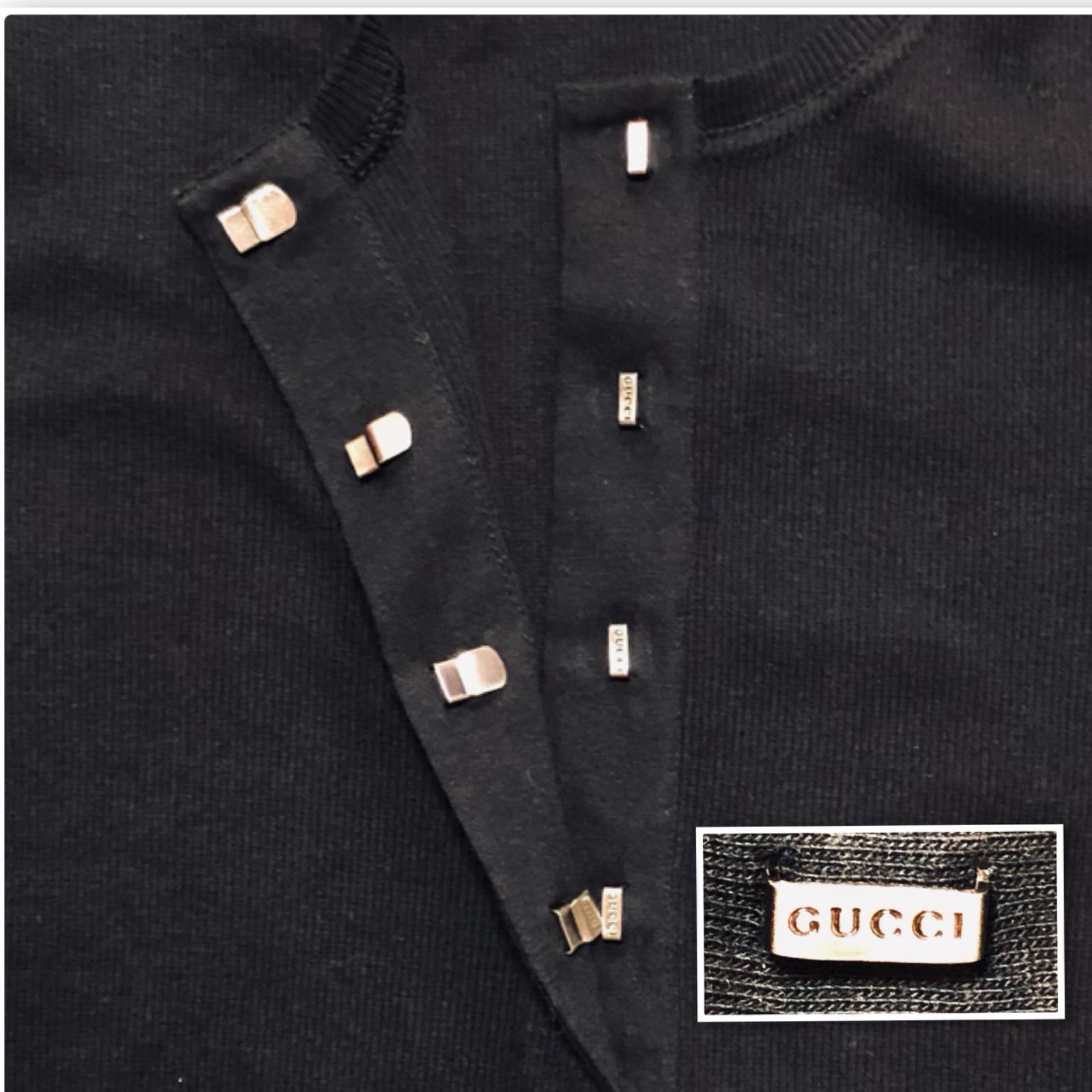 ■極美品■GUCCI グッチ　リブニットトップス　ヘンリーネック　長袖　カギホック比翼仕立て　sizeL  イタリア製　エラスタン混コットン　ブラック　レディース