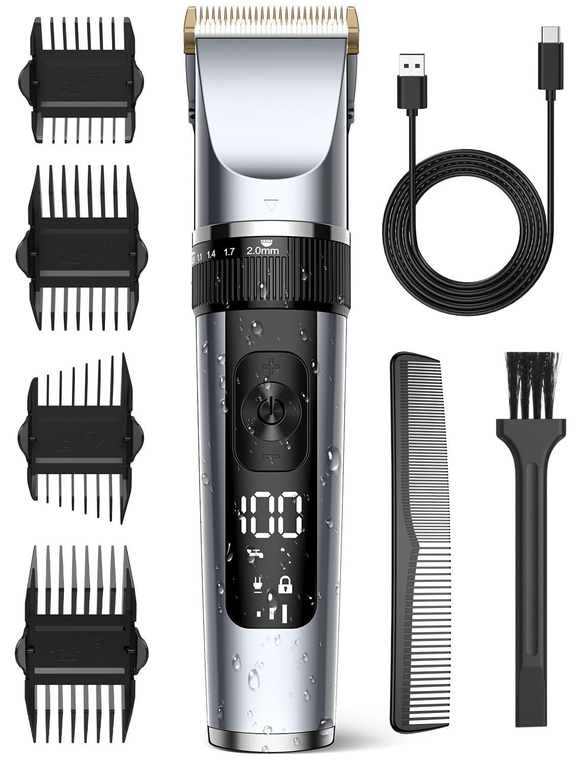 【新着商品】コンパクト 家庭用 子供 大人 坊主 ツーブロック セルフカット 軽量 防水 日本語説明書 防水 IPX7 安全ロック機能 水洗い可 大型LED液晶 バリカン ヘアカッター 散髪用 髪 電動バリカン (シルバー) 低騒音 3段階スピード/5段階刈