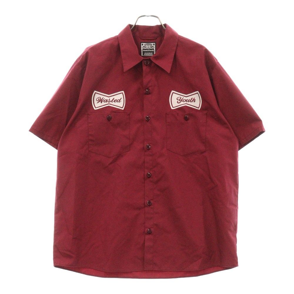 WASTED YOUTH (ウェイステッドユース) WORK SHIRT ロゴワッペン付き ワーク半袖シャツ バーガンディ