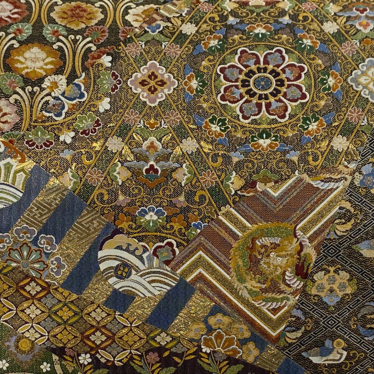 袋帯 秀品 華文 名物裂 箔 金茶 六通 正絹