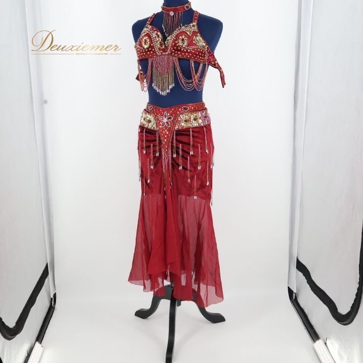 ベリーダンス オリエンタル 衣装 上下セット レッド系 赤 ワインレッド ゴールド シルバー ラインストーン ビーズ ラメ 発表会 イベント コスチューム ベリーダンス衣装 発表会衣装 付き おしゃれ 上下セット ワインレッド系 赤系