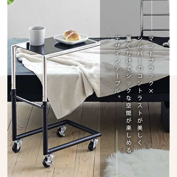 キャスター付きブラックガラスサイドテーブル KKS-0027 ベッドサイドテーブル スリム サイドテーブル キャスター