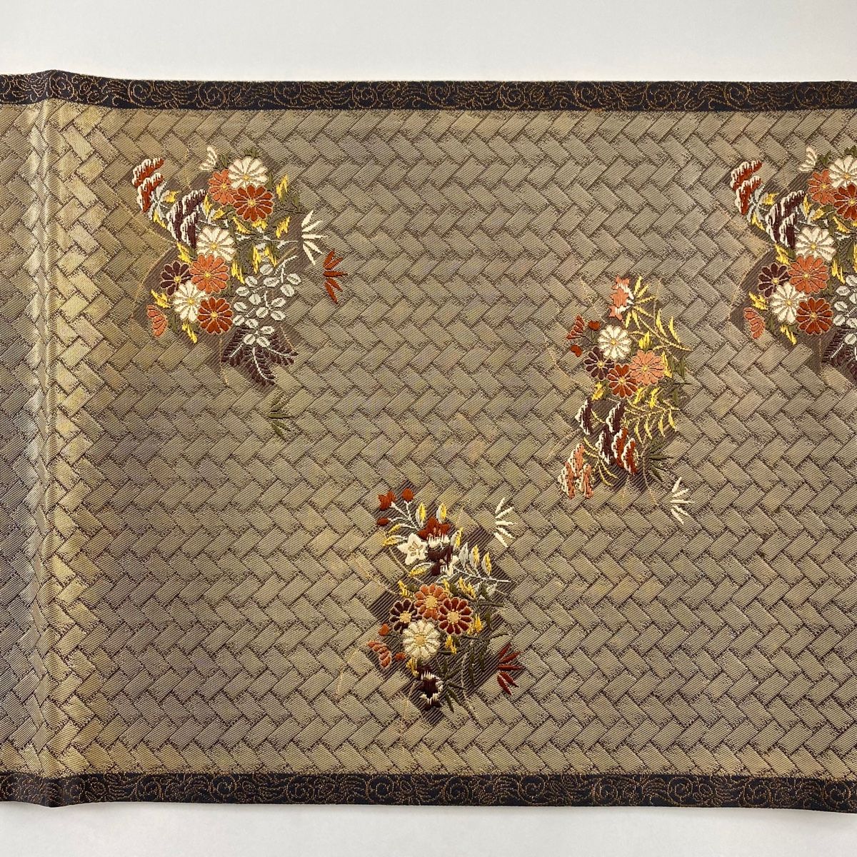 袋帯 美品 名品 加納幸 落款 菊 檜垣 金糸 刺繍 薄茶色 六通