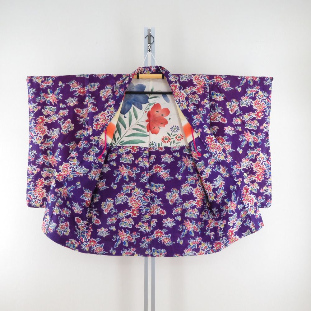 羽織 アンティーク 昔羽織 正絹 紫色x多色 花模様 ちりよけ 上着 身丈91cm