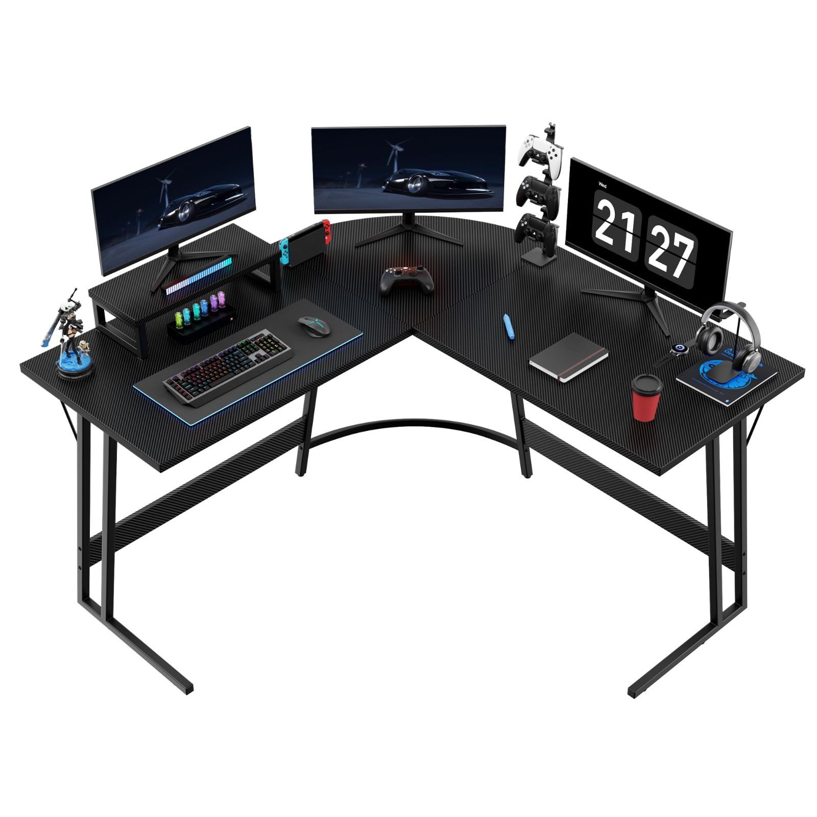 カーボン調 モニター台付き pcデスク 幅120cm 120cm パソコンデスク ゲーミングデスク 組み立て簡単 安定性 コーナーデスク L字デスク スペースを節約する 広い足元スペース Anovara アノヴァラ カーボンファイバーブラック 120cm