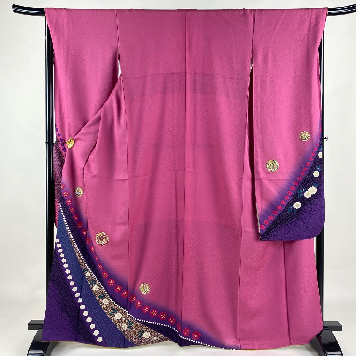 振袖 身丈163cm 裄丈69.5cm L 袷 手鞠 桜 金糸 刺繍 濃ピンク 正絹 名品