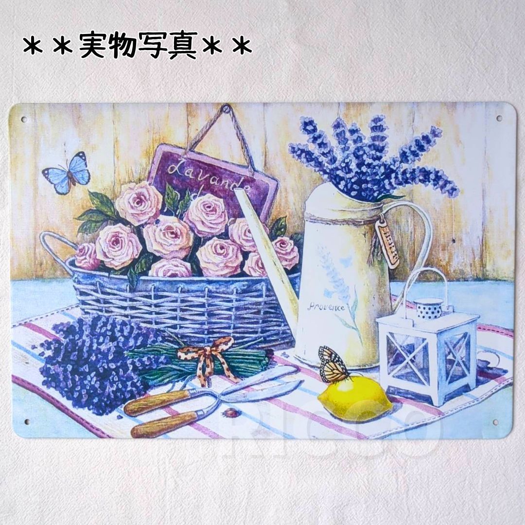 ブリキ看板 F005 ラベンダーとバラ 花 フワラー 植物 カラフル レトロ