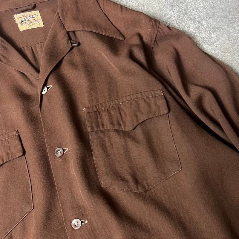 40s NATIONAL 無地 長袖 レーヨン ギャバジン オープンカラー シャツ L