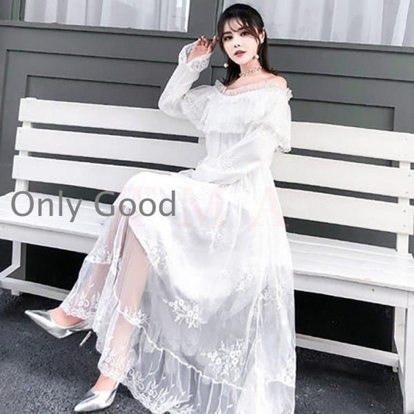 白ワンピース マキシワンピ 7分袖 レース ワンピース レディース