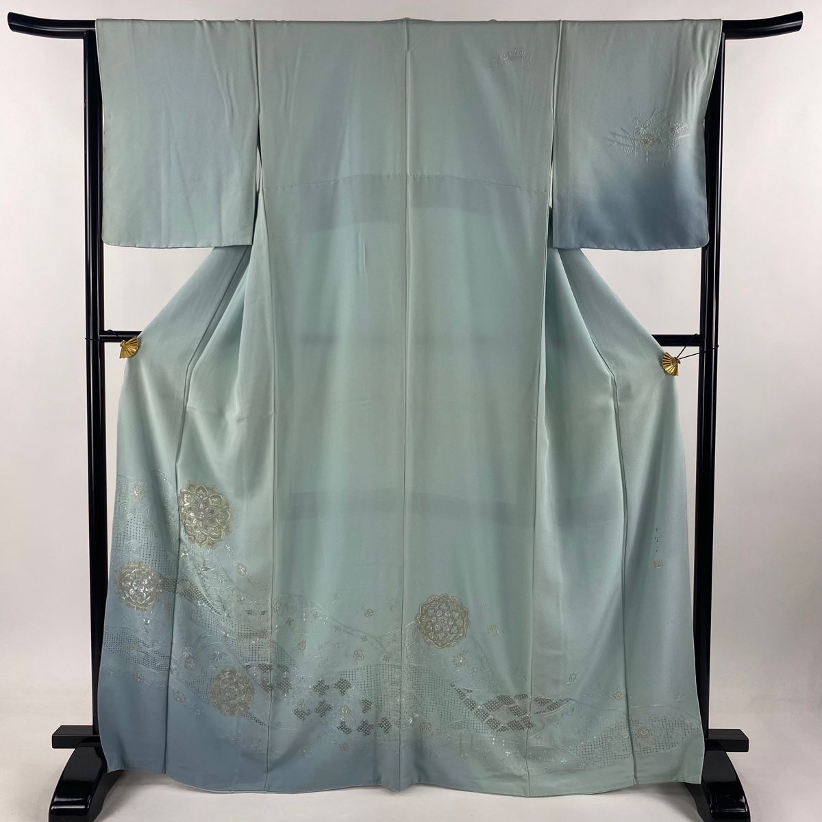 訪問着 身丈166.5cm 裄丈65cm M 袷 ほていや 華文 花唐草 刺繍 金糸 薄緑 正絹 名品