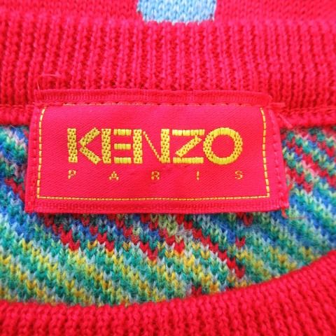 ケンゾー KENZO ニット セーター クルーネック 長袖 インターシャ 花柄 バラ ドット 総柄 2 M 赤 レッド /AO20 ■GY18 レディース ケンゾー KENZO ニット セーター クルーネック 長袖 インター