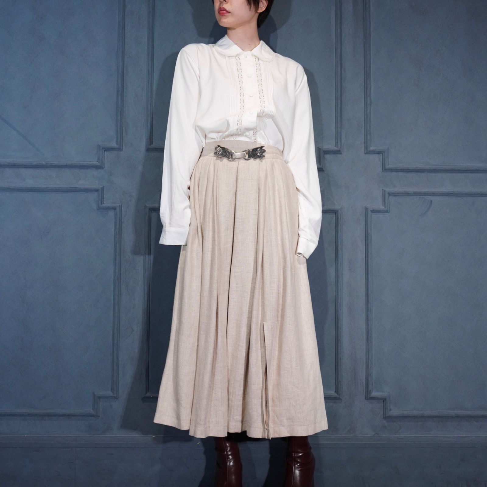 SKIRT ヨーロッパ古着ウエストデザインリネンチロリアンロングスカート