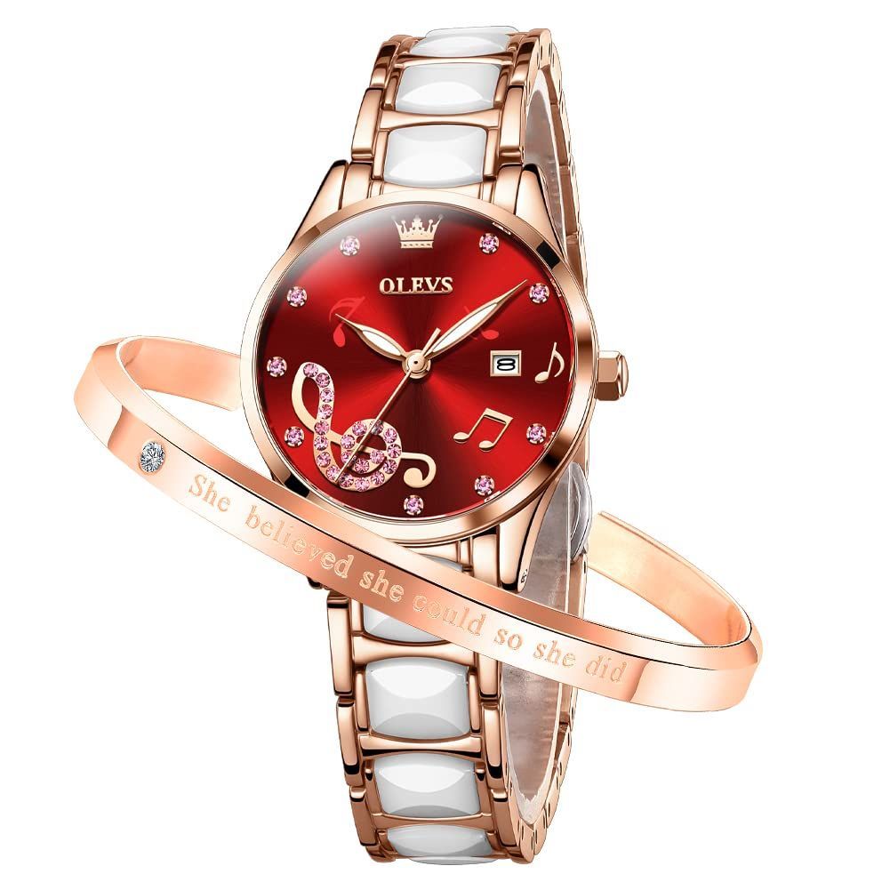  かわいい 日付 日本ムーブメント 夜光 見やすい 防水 おしゃれ バレンタイン レディース プレゼント 腕時計 音符 赤-3605 OLEVS 腕時計 キッズファッション小物