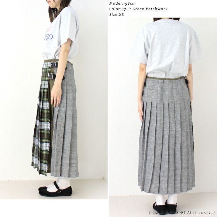 オニール オブ ダブリン O NEIL OF DUBLIN アイリッシュリネンパッチワークローウエストプリーツラップスカート 80cm丈 NOD2501PW ベルト チェック 無地 レディース 2025春夏 返品 交換不可 GULLKHAN_COM