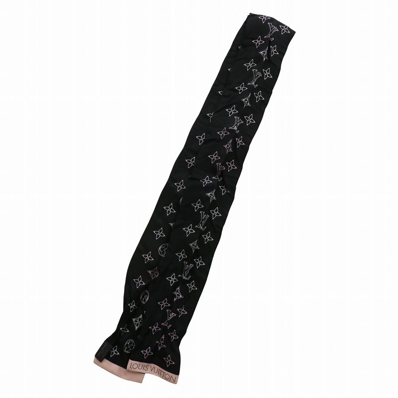 ルイヴィトン LOUIS VUITTON バンドー フライトモード マヒナ タイスカーフ リボンスカーフ 絹 シルク モノグラム 総柄 ロゴ 黒 ブラック ピンク M77859 |XZ GY19