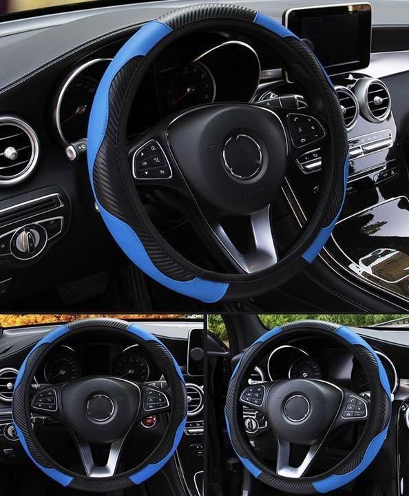 汎用 O型 D型 ハンドルカバー ステアリングカバー カーボン ブルー38 cm