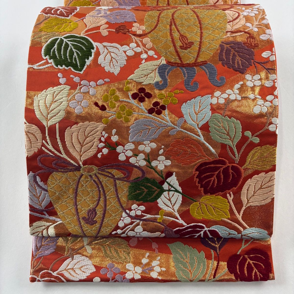 袋帯 美品 秀品 扇面 草花 金糸 箔 金色 六通 正絹 【中古