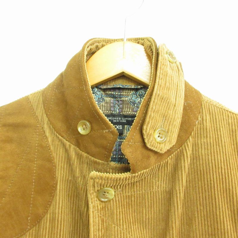 エンジニアードガーメンツ Engineered Garments USA製 コーデュロイテーラードジャケット ハンティングジャケット エルボーパッチ  スエード チンストラップ 切替 裏地総柄 茶 ブラウン XSサイズ 1027