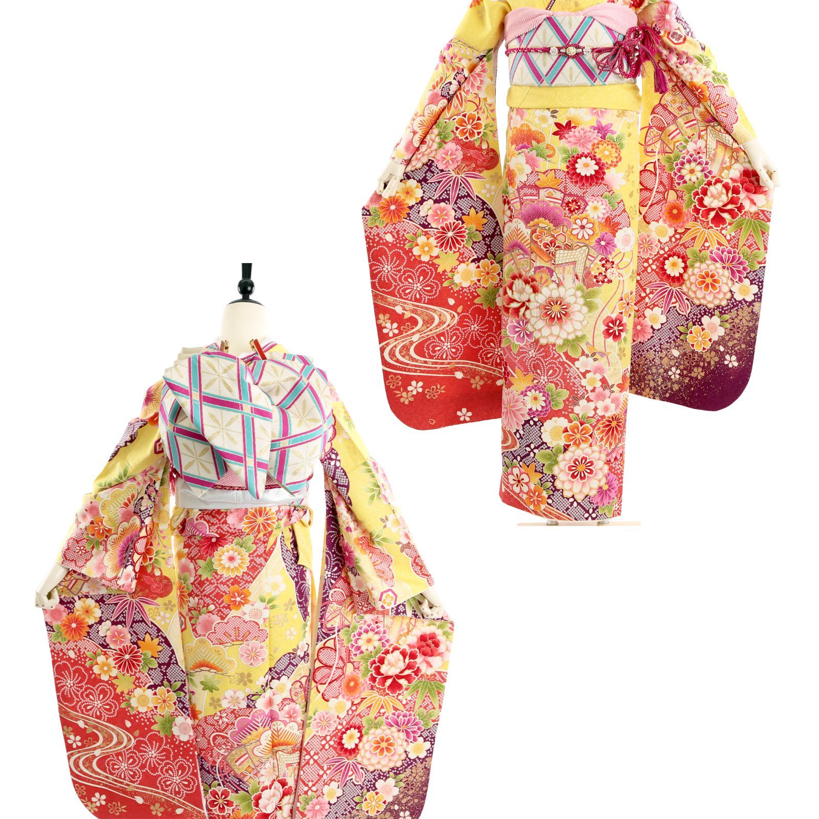 振袖 振袖セット USED振袖 黄色 古典柄 御所車 扇 7点フルセット  