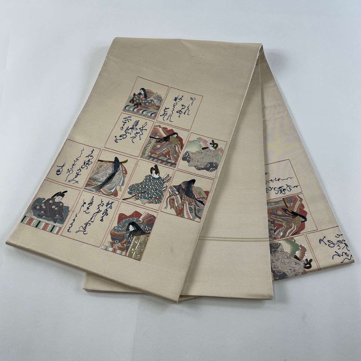 袋帯 秀品 人物 文字 蘇州刺繍 金糸 ベージュ お太鼓柄 正絹 【中古