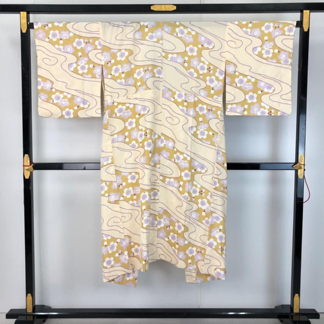 長襦袢 単衣 流水 桜の花模様 麦藁色 半衿付 J-339 NICORILABO_COM