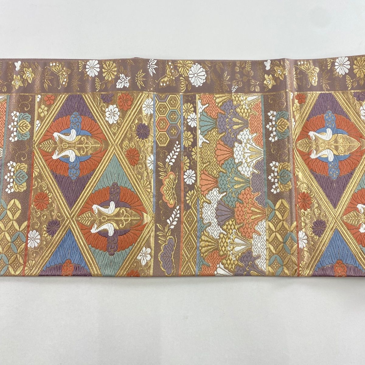 正絹袋帯向かい鳥花唐草 袋帯 秀品 向かい鳥 花唐草 金糸 箔 薄小豆 六通 正絹 【中古